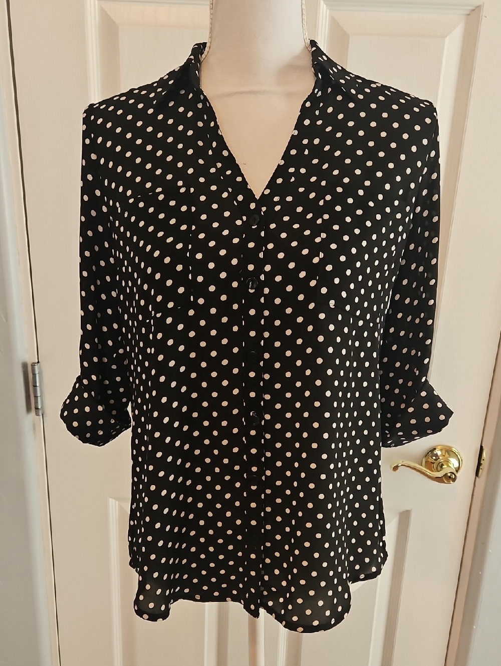 BCX Black Button Down Blouse with White Polka Dots - Size Small